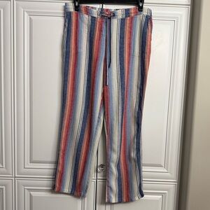Per Se Women’s XL Wide Leg Drawstring Waist Pants Linen Blend Vertical Stripes